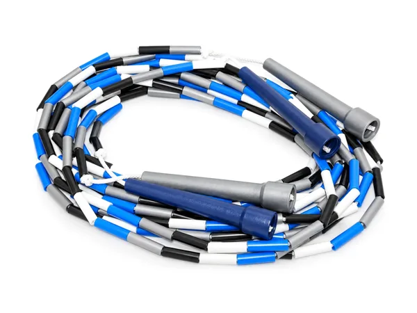 A pair of skip-hop 4.5 m beaded double dutch ropes, blue, white, grey and black beads with orange and teal handles