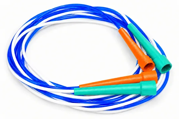 A pair of skip-hop 4.5 m double dutch ropes, blue and white with orange and teal handles