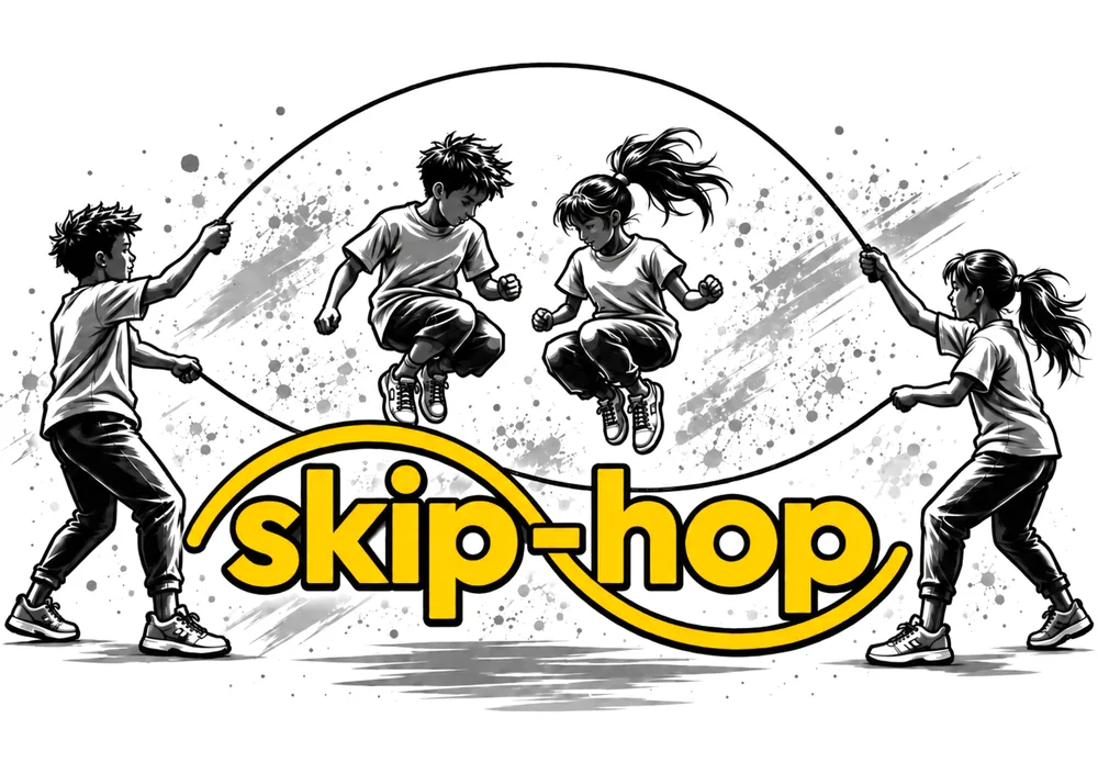 skip-hop illustration of two children turning Double Dutch ropes while two children jump between them