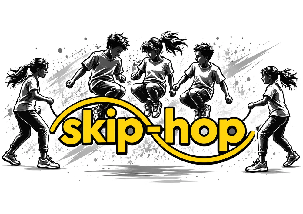 skip-hop illustration of two children turning a long rope while three children jump in the middle